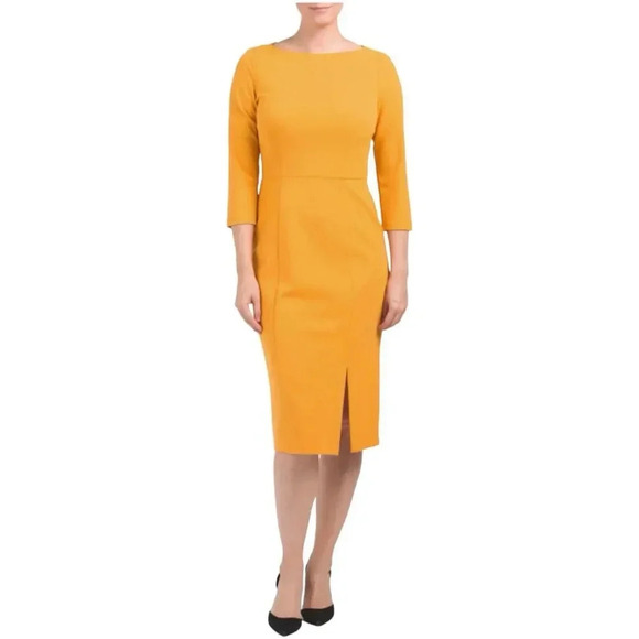 Donna Morgan Mustard Yellow Boat Neck Front Slit Midi Dress 2 - Picture 1 of 5
